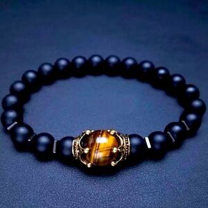 💚Brown Handmade Natural Stone Beads Bracelet Antique Crown Tiger Eye